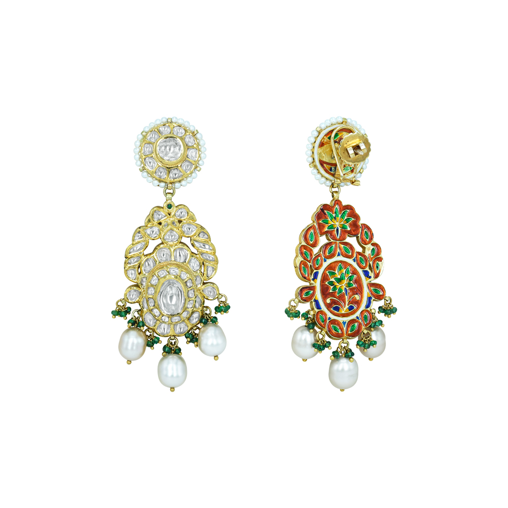 Polki Earrings with Pearls and Emerald Beads